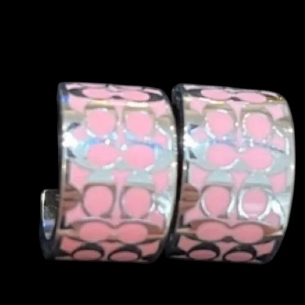 NWT COACH SIGNATURE C HUGGIE EARRINGS: PINK/SILVER C7770 in Polybag MSRP $110 - Picture 3 of 8